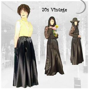 Black Satin Maxi Skirt with Volume, 70s Vintage Slipper Satin